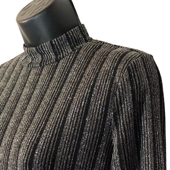 Guess Silver Striped Mockneck Top Small Disco Metallic Shimmer Long sleeve Black - Picture 5 of 8